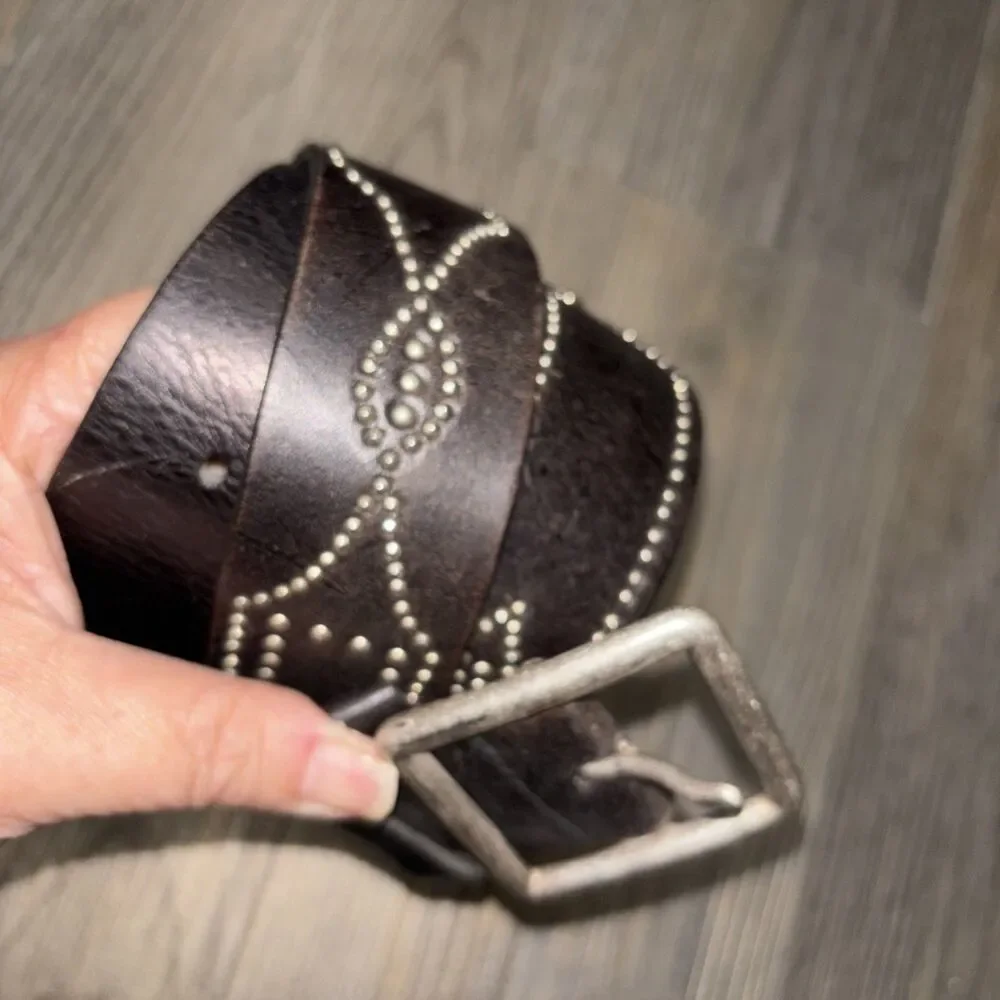 Vintage Express Leather Belt Brown Silver Buckle Studs Waist Belt Women M